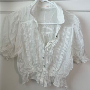 MOTHER White Button-Up Ruffled Blouse